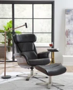 Janer Leather Swivel Chair & Ottoman Set - Color:Black - Image 2