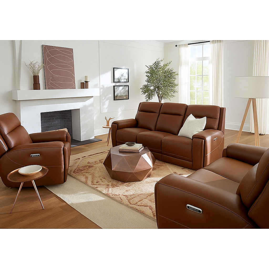 Cozy Living Room with Leather Furniture Varsani 6 Seater (Sofa, Loveseat, Chair) Zero Gravity Leather Sofa with Console, Power Recliners, Headrest, USB C charging - Image 1
